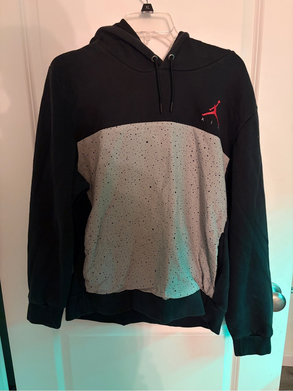 Jordan Black Hoodie with Gray Speckled Panel and Red Jumpman